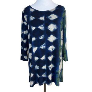 Clara Sun Woo‎ Top Small Blue Green Gray Artsy Pattern Jersey Stretch 3/4 Sleeve